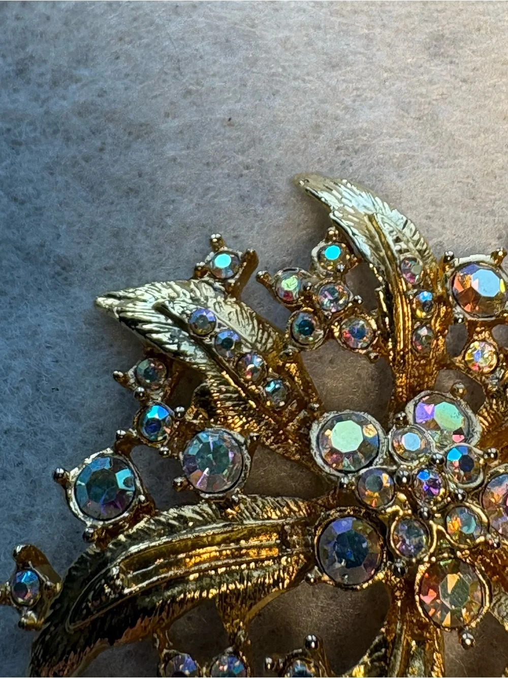 Vintage Gold Tone Floral Flower Spray Brooch With Aurora Borealis Rhinestones